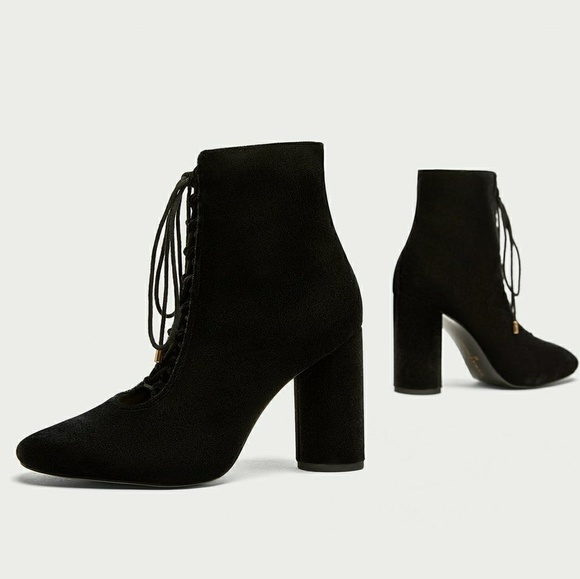 Zara Lace-Up Black Velvet Ankle Boots - Picture 4 of 8